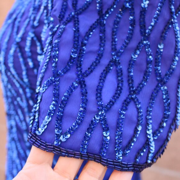 Laurence Kazar Silk Dress Womens SP Royal Blue Sequined Beaded Cocktail 90s - Picture 9 of 15